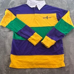 Classic Mardi Gras Rugby Shirt Mens Medium Purple Green Gold Striped Polo L/S